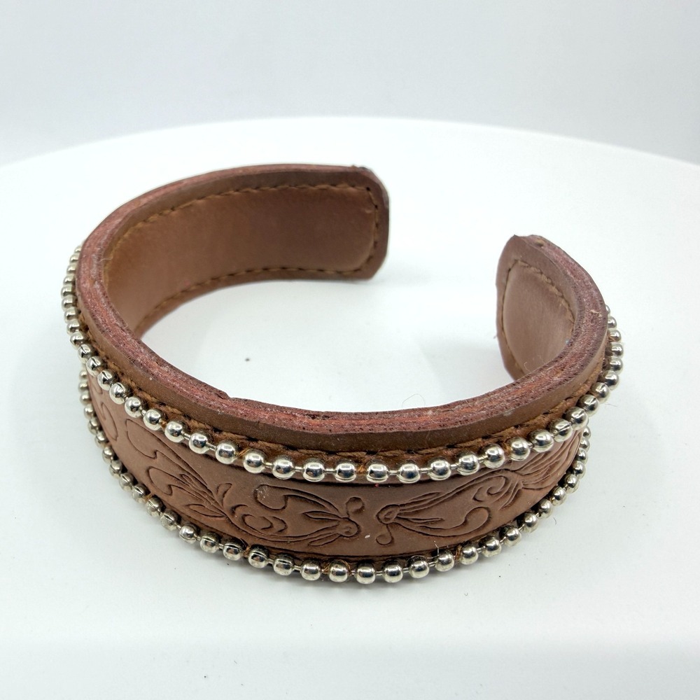 Vintage Y2K Tooled Leather Cuff Bracelet with Silver Ball Chain Trim